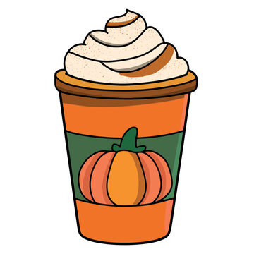 Pumpkin spice latte in a festive autumn cup topped with whipped cream and a sprinkle of warm spices, perfect for fall season beverages.