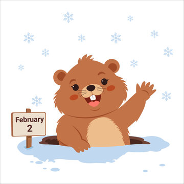  Cute groundhog popping out of its burrow in the snow, smiling and waving paw.Groundhog Emerging on February 2nd.Vector