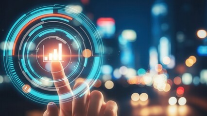 Business growth and data analysis concept with hand touching digital bar chart on blurred city night background