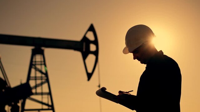 Worker inspects pumpjack at sunset silhouette against sun over oil field worker wearing helmet holds clipboard monitoring pumpjack operation for energy production in industry field environment