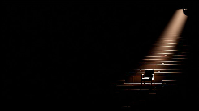 Empty theater rehearsal hall with a single spotlight on a central chair casting dramatic shadows. real-estate listings.