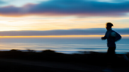Fototapeta premium Runner's silhouette against ocean horizon at dawn, motion blur enhancing dynamic energy. event key visuals, club posters, designed for fitness apps and gym onboarding, boosts motivation.