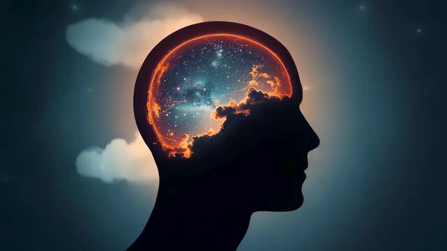 Side silhouette of a human head containing glowing clouds and stars against a dark background