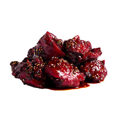 Spicy Korean Fried Chicken Dakgangjeong in White Bowl with Red Chili Peppers, Rosemary, isolated on transparent background