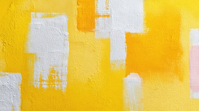 Abstract yellow wall art with white and pink paint strokes creating a vibrant backdrop