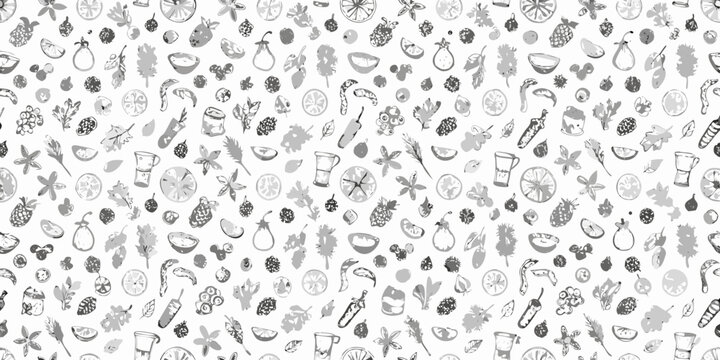 A detailed black and white pattern featuring various fruits vegetables and kitchen items