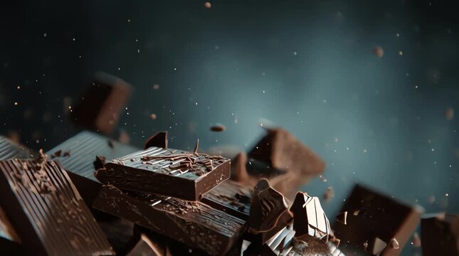 Chocolate bar breaking and flying in slow motion.