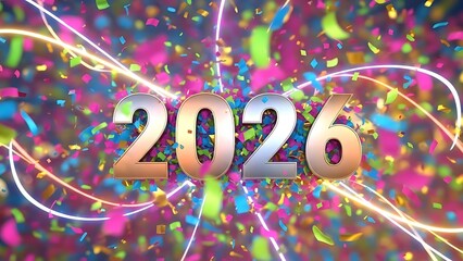 Happy new year 2026 celebration background with confetti and lights