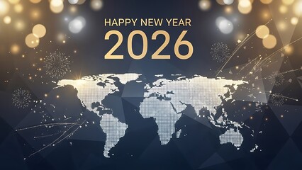 Happy new year 2026 global celebration greeting card with world map