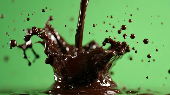 Pouring chocolate splash with droplets frozen in motion