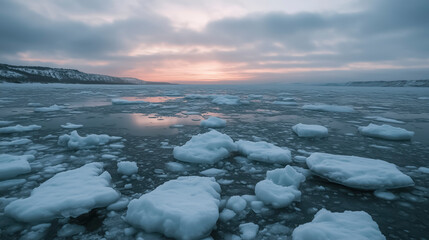 Melting sea ice floating in cold ocean under dramatic sky symbolizing climate change global warming and polar environmental crisis