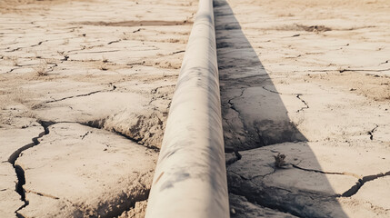 Water pipeline on cracked dry land symbolizing drought water scarcity infrastructure stress and climate change crisis