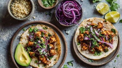 Two tacos with chicken, red onion, cilantro, and avocado on plates