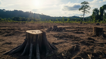 Deforestation landscape with tree stumps and cleared land highlighting forest destruction climate change and human impact on environment