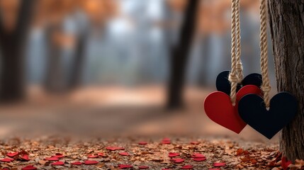 Heart-shaped paper cutouts hanging on a rope swing in a forest setting with a blurred path and scattered hearts