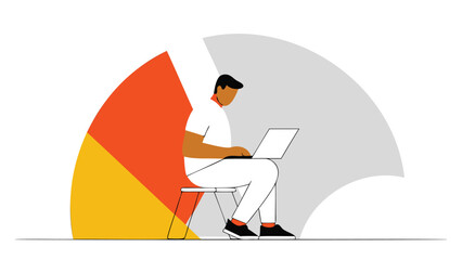 Man sitting upright on a simple chair using a laptop, colorful pie chart background, modern illustration style, white background