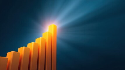 Abstract representation of growth and success depicted through vibrant orange bars ascending towards a bright light on a blue background