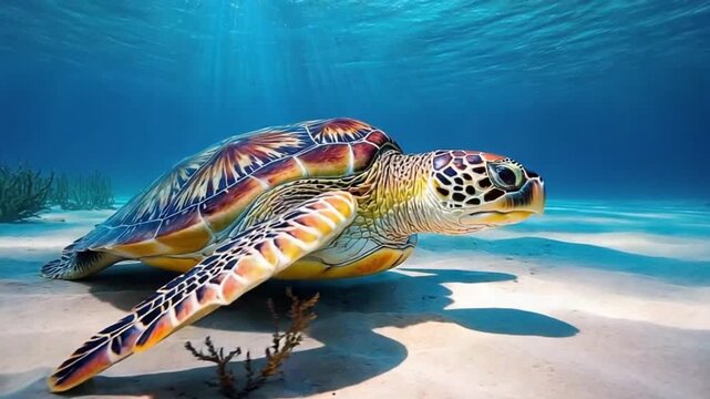A tranquil sea turtle rests on a sandy ocean floor, bathed in soft sunlight filtering through the clear turquoise water.