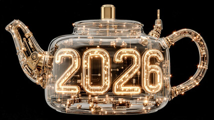 Gold and clear teapot with the number 2016 on it. The teapot is a symbol of the year 2016 and is likely used for special occasions or celebrations