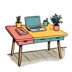 Fototapeta premium Colorful wooden desk with a laptop and accessories, providing a cheerful and functional workspace for productivity and creativity.
