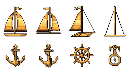 Pixel art nautical elements with sailboats, anchors, and compass