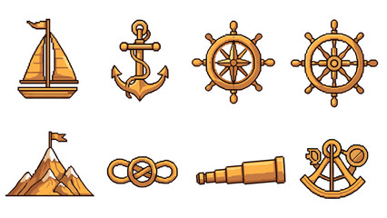 Retro nautical pixel art collection featuring sailing and navigation icons