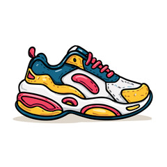 Colorful athletic running shoe with a chunky sole and vibrant design is depicted in a playful cartoon style, perfect for active lifestyle and fashion themes.