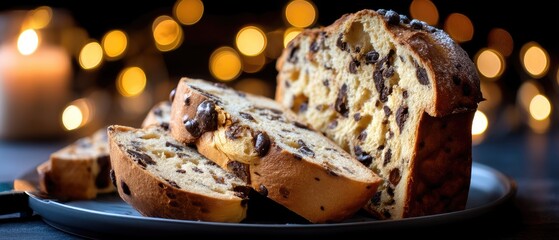 Panettone with chocolate and slices of panforte with fruit on a dark background with blurred lights during evening hours