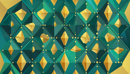 A captivating, luxurious abstract background featuring a sophisticated geometric pattern of shimmering gold diamond shapes and deep emerald green facets, creating a modern visual texture.