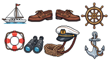 Nautical pixel art collection with ship, captain's hat, and marine elements