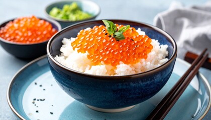 Bowl of rice topped with glossy orange salmon roe and seaweed, ceramic dish on gray surface.