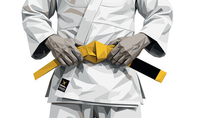 Geometric martial arts figure adjusting yellow belt in low poly style