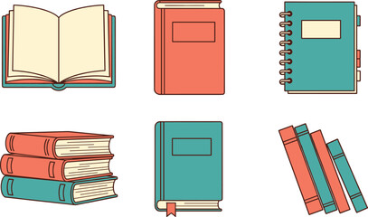 Books and notebooks icons collection with open book, stacked textbooks, and planners isolated on white background vector illustration