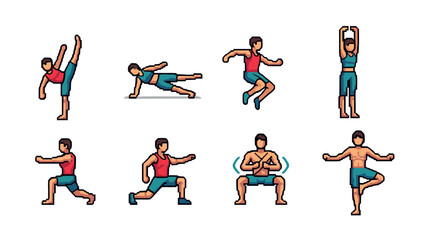 Pixel art fitness set: exercise poses for workout and training inspiration