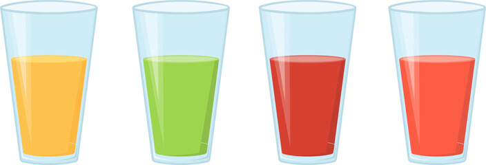 A glass of fresh juice, a set of juice glasses, a glass of juice icon. Vector, cartoon illustration, poster, postcard.