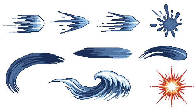 Dynamic pixel art speed effects and brush strokes in blue and red