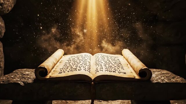 Ancient text displayed on an open scroll against a dark cave with divine light illuminating the wisdom