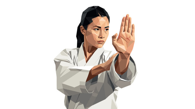 Geometric low poly martial artist in karate pose on white background