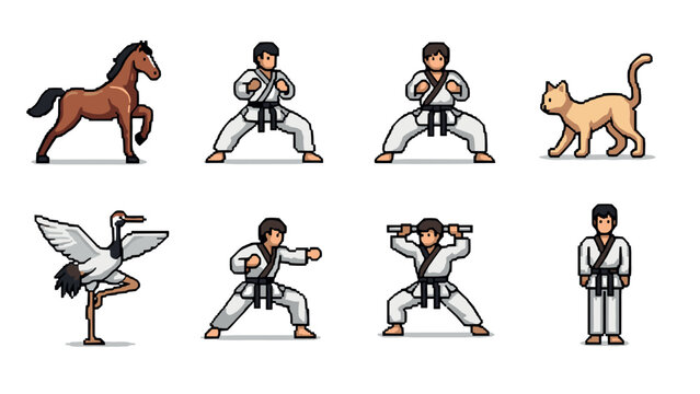 Pixel art martial arts with animal spirit representations