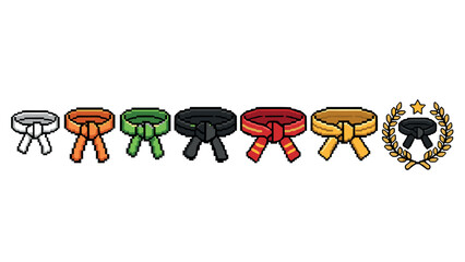 Pixel art martial arts belts with achievement laurel wreath
