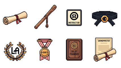 Pixel art martial arts icons: scrolls, belts, awards, and badges collection