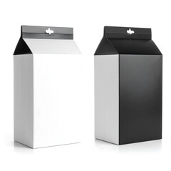 Two blank cardboard boxes, one white and one black, with hanging tags