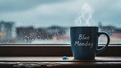 Steaming mug on windowsill, cozy mood reflecting Blue Monday vibes, with copy space