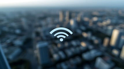 Wireless Connectivity in an Urban Landscape. The symbol of global communication is projected on the aerial cityscape, highlighting the modern digital infrastructure.