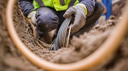 Construction worker in safety gear carefully laying wires in a trench, ensuring secure connections for a reliable electrical system. Professionalism and precision in action.