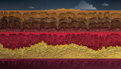 Cross section of earth layers showing geological strata, soil composition, and underground textures with a cloudy sky above.