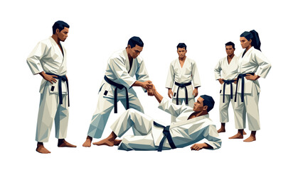 Martial arts training team supports fellow practitioner in uniform