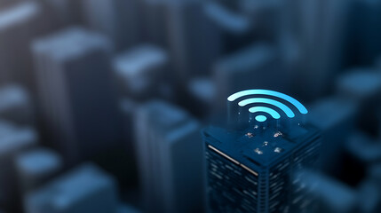 A high-tech cityscape with a blue WiFi symbol atop a building, indicating seamless connectivity and modern network infrastructure. The digital world merges with urban life.