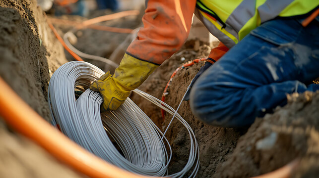 A construction worker is installing cable at a construction site. He is holding a bundle of cable in his hands, as part of a new infrastructure project for the community.