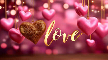 Happy valentine day hearts animation text lettering with love ornament, pink background video, festive typography, romantic design, with copy space